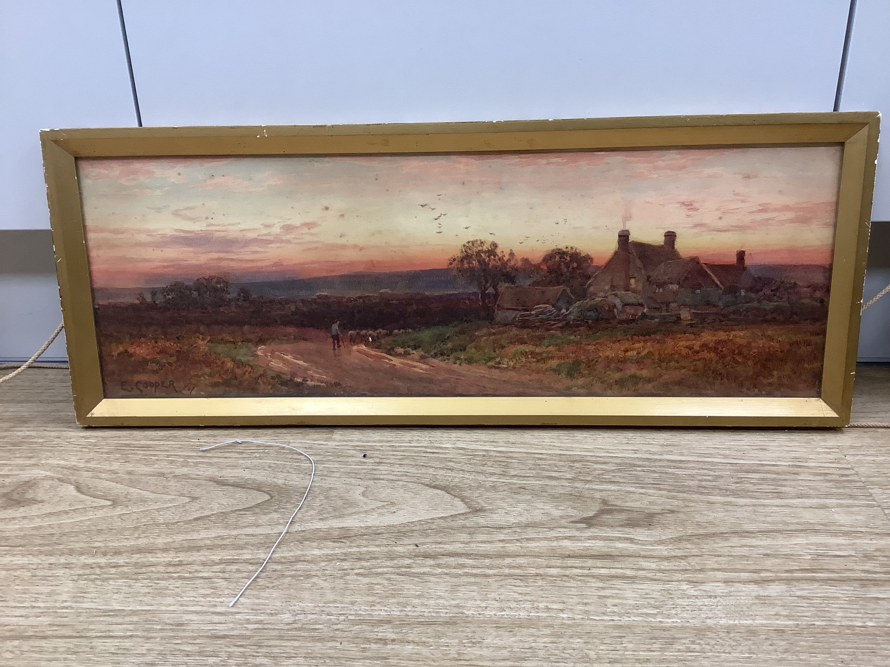 E.Cooper, pair of watercolours, Figures on lanes at sunset, signed and dated '07, 19 x 55cm